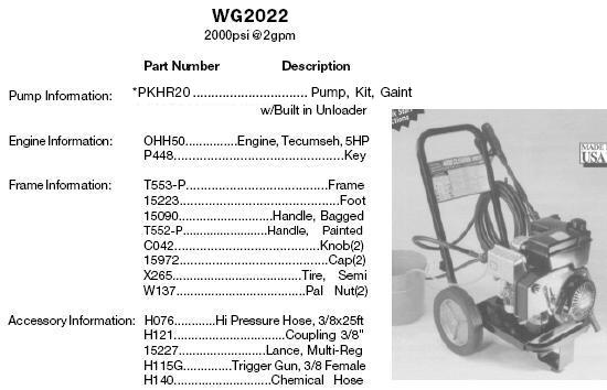 EXCELL DEVILBISS WG2022 GIANT POWER WASHER REPLACEMENT PARTS